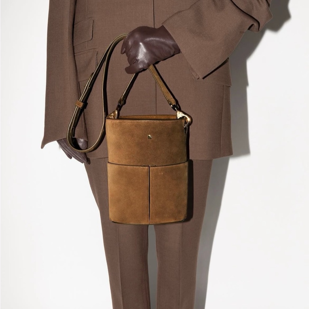 RSVP Paris Low-Five Suede Tobacco Bucket Crossbody Bag New